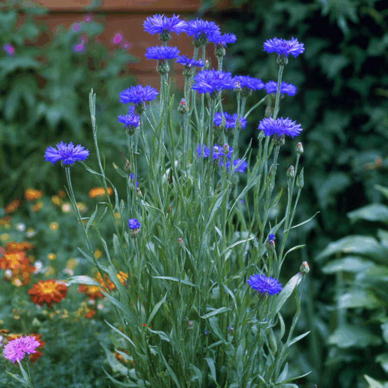 Tall Blue Bachelor Button flowers growing in a garden